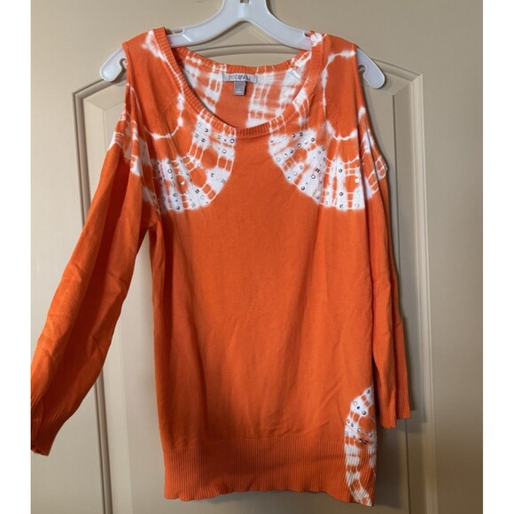 Roz & Ali Orange Lightweight Open Shoulder 3/4 Sleeve Sweater Size Large Preown - Picture 2 of 8
